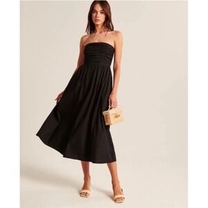Abercrombie & Fitch Black Cotton Pleated Bodice Strapless Gown Midi Dress Sz XS